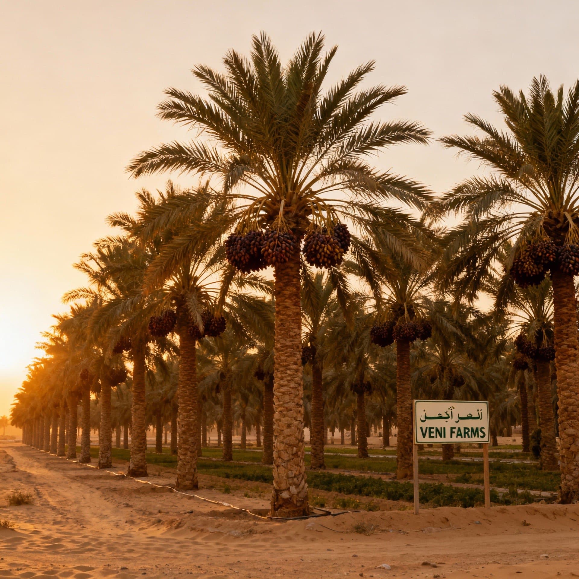 Desert date palm grove at sunset in Kharga Oasis